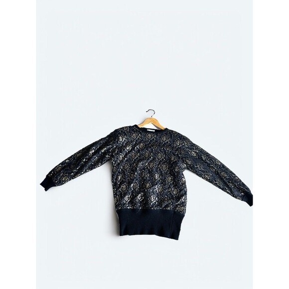Destinee Womens S 70s Lambswool Sweater Black Gold Metallic Floral Lace Vintage - Picture 15 of 16